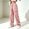 High Waist Drawstring Cargo Sweatpants Women Loose Wide Leg Solid Color Casual Straight Pants