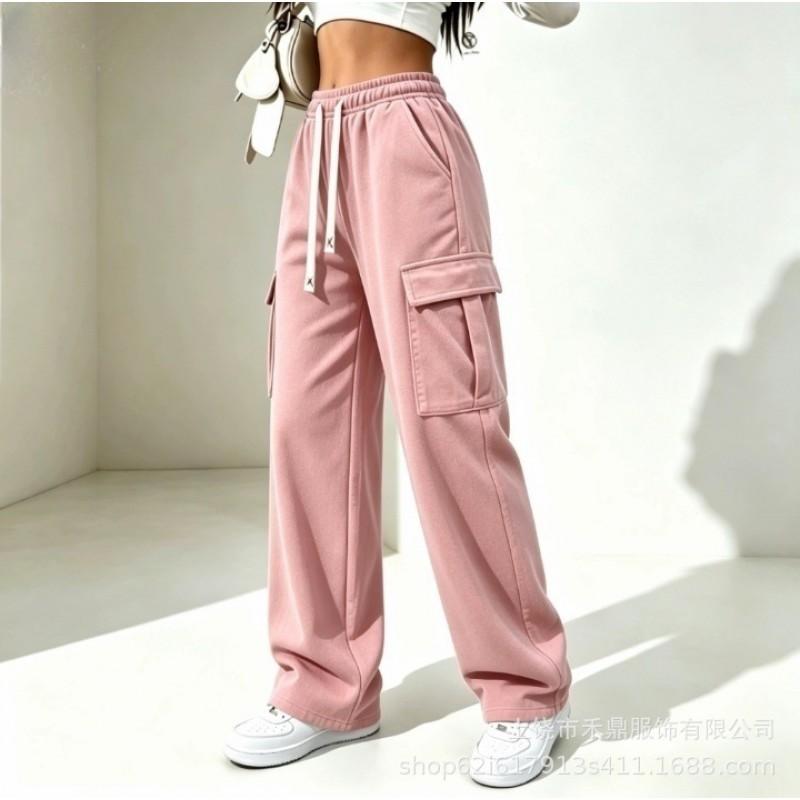 High Waist Drawstring Cargo Sweatpants Women Loose Wide Leg Solid Color Casual Straight Pants
