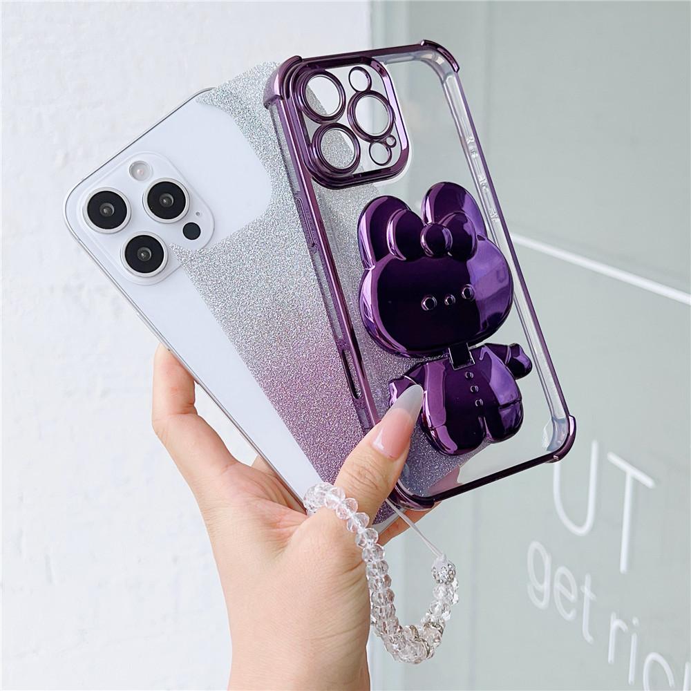 Glitter Shockproof Phone Case For Motorola Moto G10 G20 G30 G84 G54 G82 5G G52 G71S Mirror Rabbit Stand Crystal Chain Soft Cover