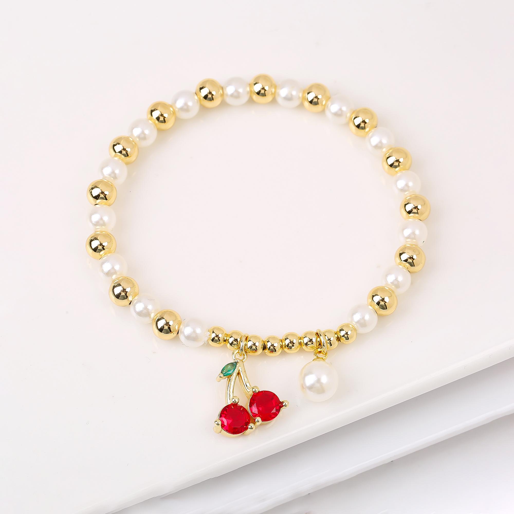 

New Fashion Cherry Strawberry Crystal Zirconia Pendant Elastic Bracelet Luxury for Woman Girl Pearl Wrist Zircon Party Gift