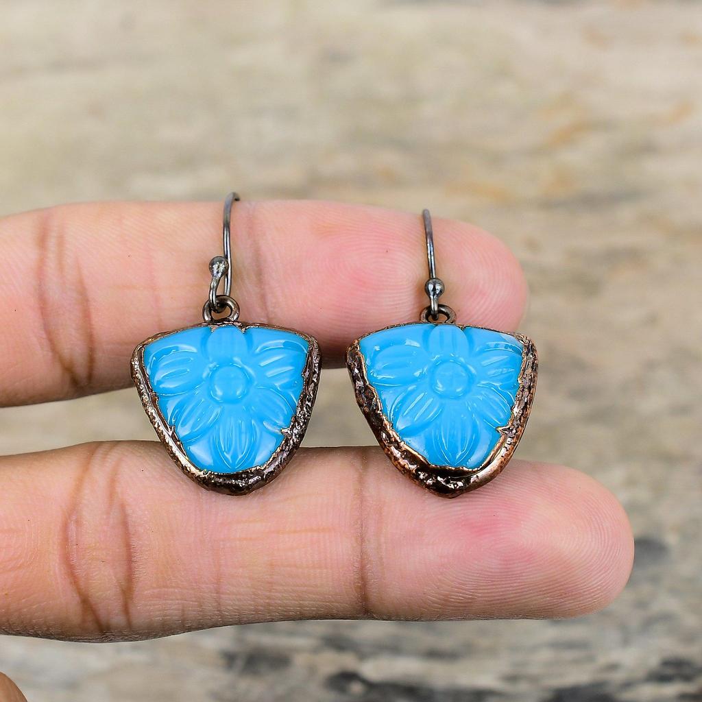 Carved Blue Onyx Earring Electroformed Copper Earrings Gemstone Copper Jewelry Handmade Decent Earring Electroformed Jewelry Engagement Gift