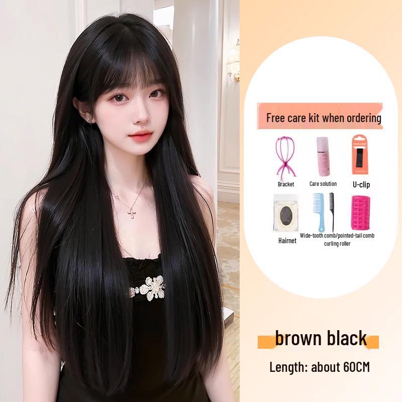 Women's Full Head Wig with Air Bangs - Black Long Straight Synthetic Hair, Fluffy and Natural for Daily Use.