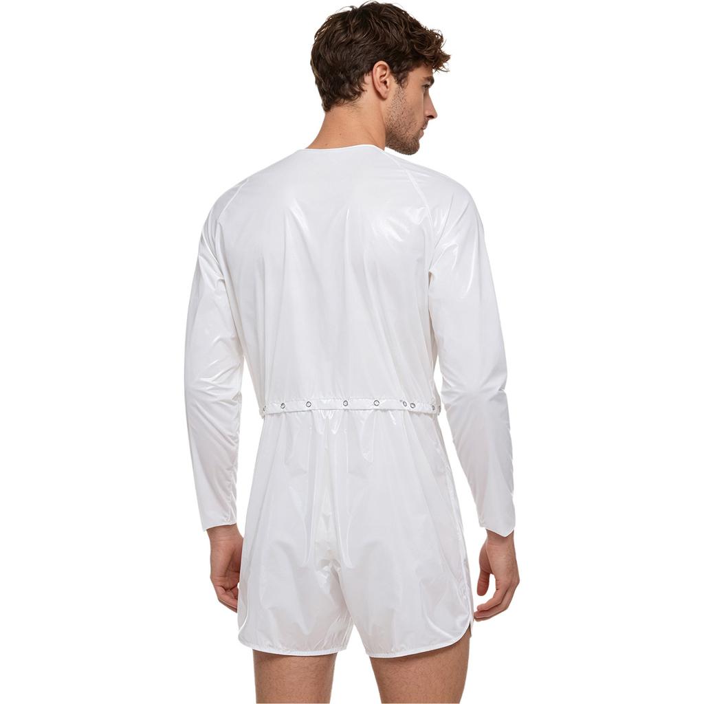S-3XL Tuta da Sauna Impermeabile per Uomo Tuta Intera a Maniche Lunghe Pulsanti sulle Spalle Vita Cavallo Boxer Staccabili Body per Costumi da Bagno