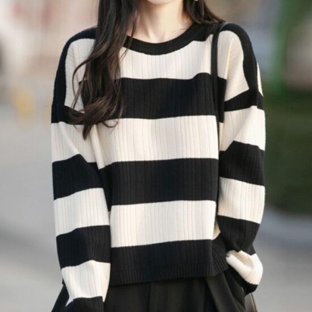 Navava Women Striped Color Block Ribbed Long Sleeve Knit Tee Round Neck Nk3359