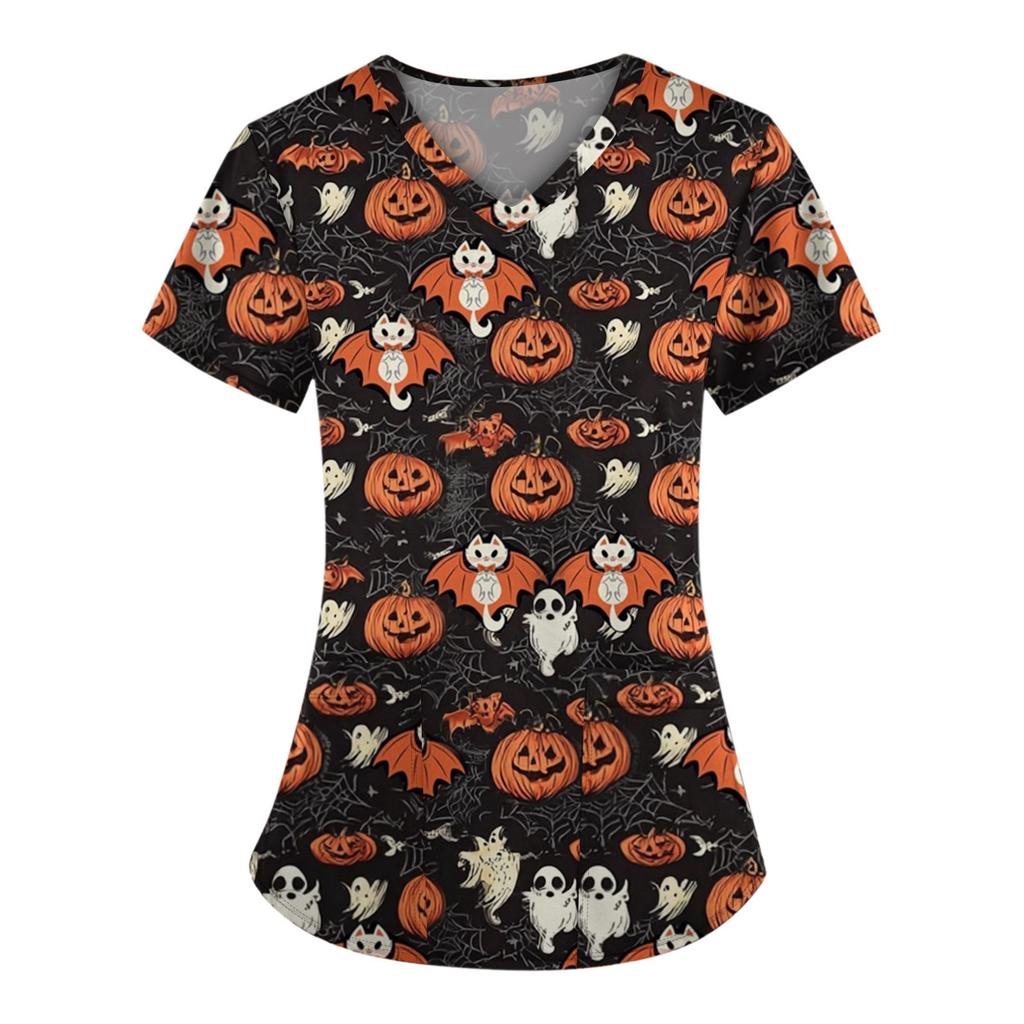 Velká velikost Potištěná srubová pracovní uniforma pro ženy s překříženým výstřihem do V Halloween potisk Zábavná trička s krátkým rukávem Pracovní oblečení Tričko s kapsami