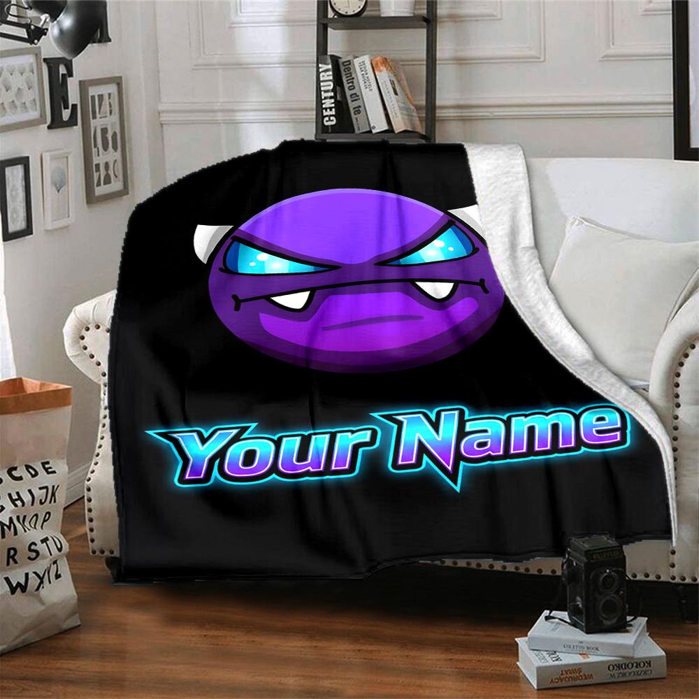1pc Geometry Dash Blanket with Custom Name, Gift, for Men and Women, Soft Blanket, Good for Sofa Bed Couch Travel, Lightweight Flannel Blanket