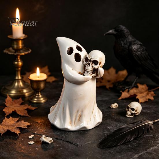 Spooky Tabletop Decoration Halloween Ghost Figurine with Skull, Resin Statue for Decor, Unique Party Supplies Retro Gothic Ornament Home Desktop