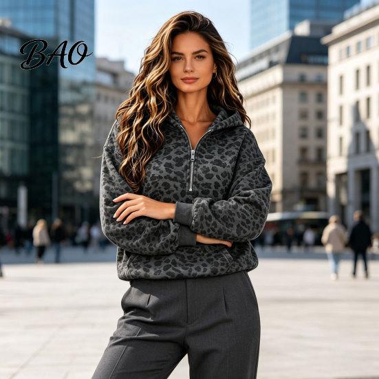 Relaxed Fit Pullover Top Women Leopard Print Hoodie, Oversized Half Zip Hooded Sweatshirt with Spring Autumn Kangaroo Pocket, Fall Long Sleeve Casual