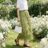 Women Tassel Splicing Pleated Skirts Elegant Elastic Waist All Match A-line Long Skirt