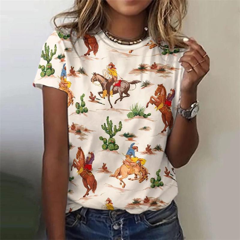 Summer Loose Short Sleeved Round Neck Top 3D Printed Denim Horse Women's T-shirt Color Animal Pattern T-shirts