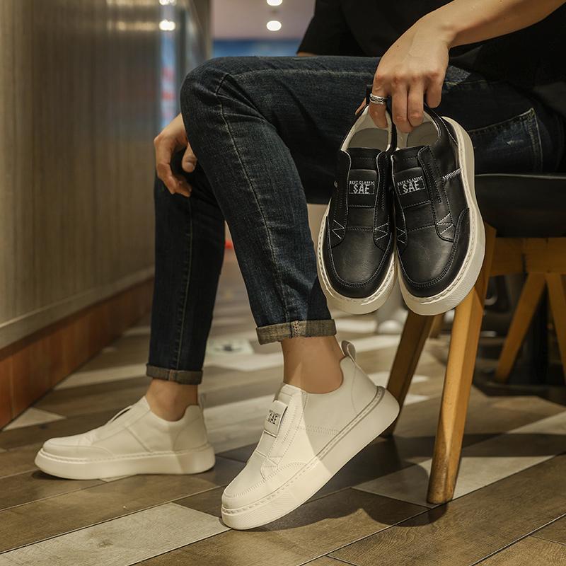 Fashion Men's Thick Sole Casual Shoes 39-44 Smooth Leather Slip-on Design No Laces Side Fine Stitching Decoration for Casual Versatile