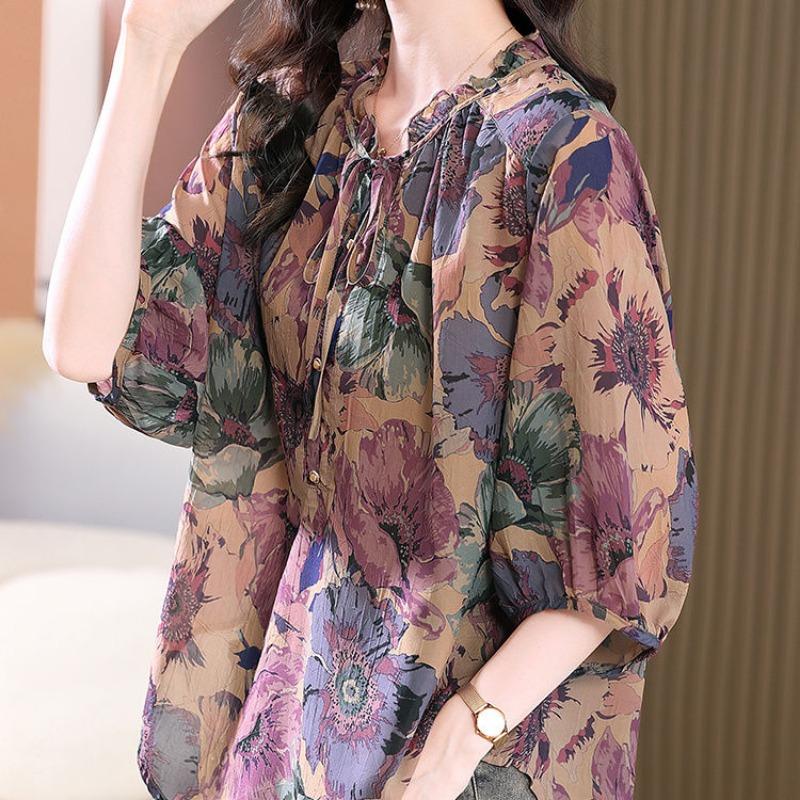 Elegant Vintage Loose Floral Chiffon Blouse for Women, Perfect Summer Top for Moms