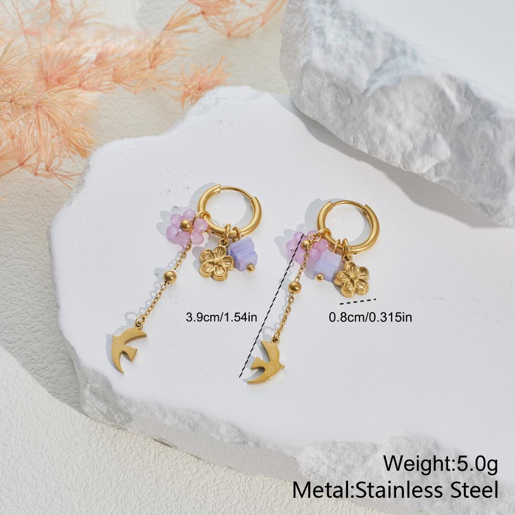 Waterproof Durable Non-Fading Trendy Spring Fresh Breeze Purple Bird 18K Gold Plated Stainless Steel Women's Necklace Chain Set