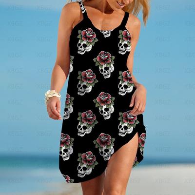 Women's Dress Top Woman Sling Summer Sleeveless Party Dresses 3D Digital Printing 2024 Sexy Skull Flower Boho Beach Gothic