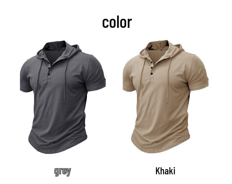 2026 Cross-Border Men's Short-Sleeve Henley Hoodie T-Shirt - European & American Style Fitness Top