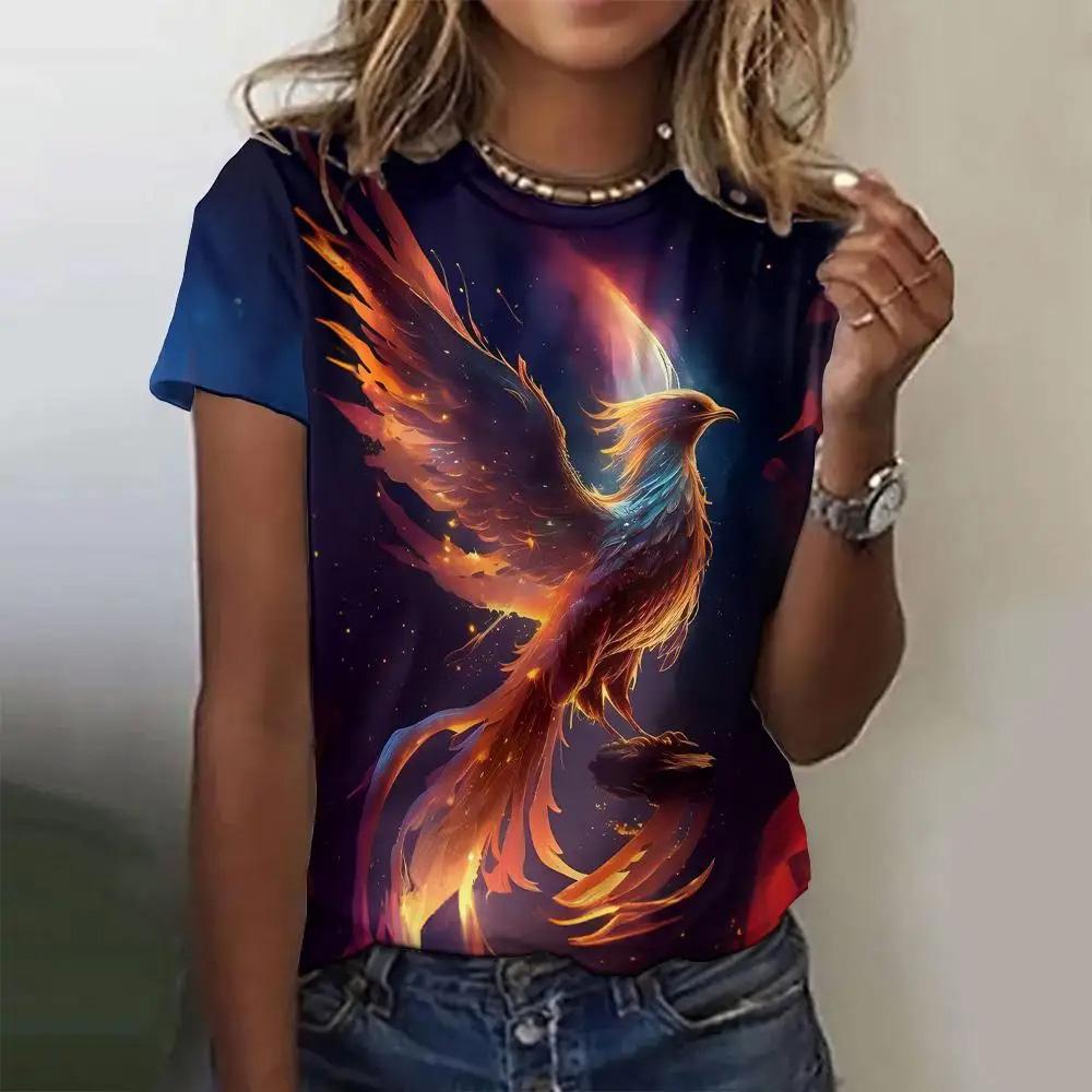 

Летняя женская футболка с модным узором «Феникс», топ с короткими рукавами, свободный топ с круглым вырезом, женская футболка для вечеринок 2XL