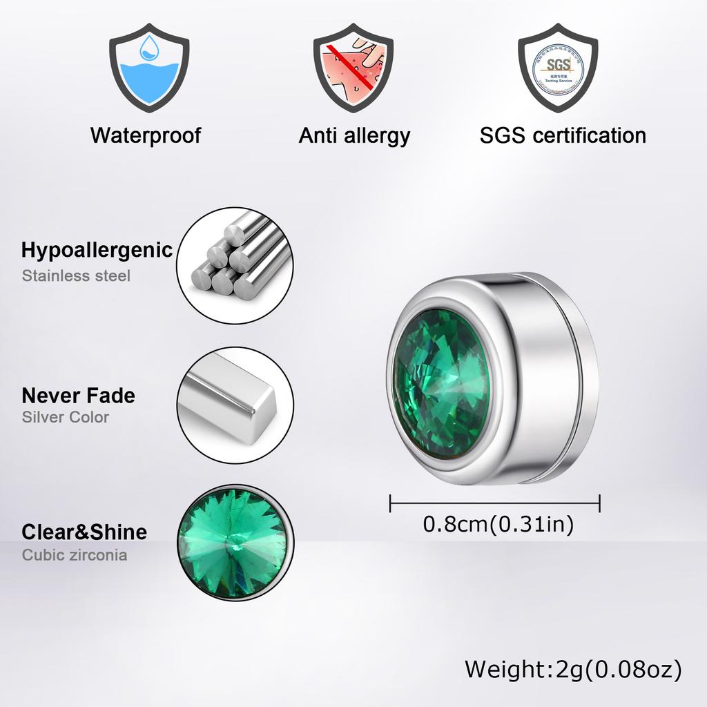 Vnox Magnetic Zircon Stud Earrings for Men, 8mm Stainless Steel Non-Pierced Clip Earrings, Hypoallergenic Punk Rock Jewelry Gift