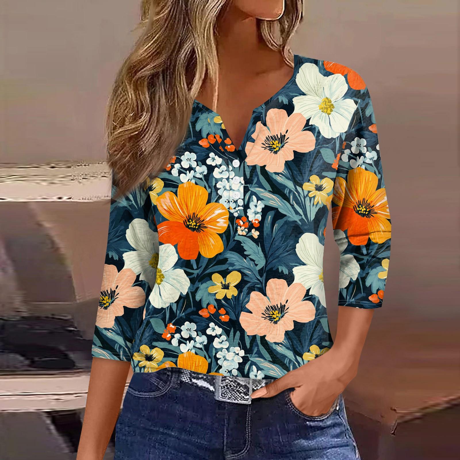 

Жіночий вільний повсякденний топ з квітковим принтом і V-подібним вирізом з рукавами «сім чвертей» Топ з V-подібним вирізом з рукавами «сім чвертей» M шафрановий