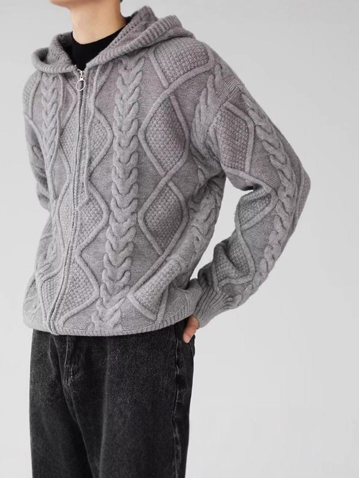 Men's Retro Cable Knit Hooded Cardigan - Autumn/Winter Thick, Trendy Loose Fit Outerwear