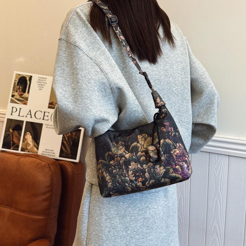 Yogodlns Retro Embroidery Crossbody Bags Adjustable Shoulder Straps Fashion Bucket Purses Small Satin Handbag