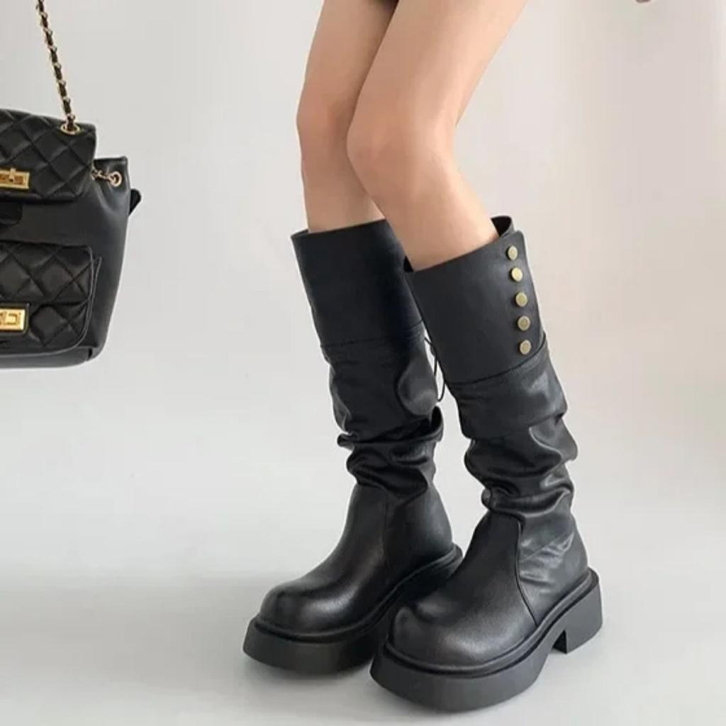 Women's Boots  New Pleated Platform High Tube Comfortable Anti Slip Round Toe Long Boots Waterproof Commuting Fashion Boots
