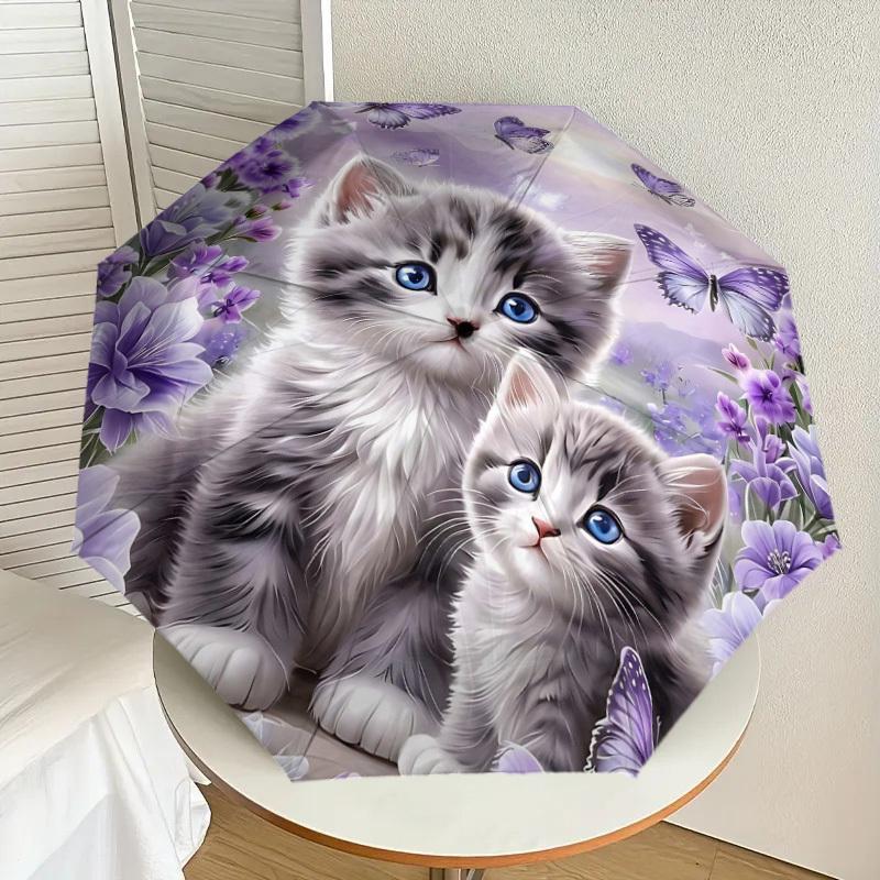1PC Kittens Flowers Umbrella-8-Rib Reinforced Portable Folding Travel Suitable for All Seasons Outdoor Daily Use  -J0388