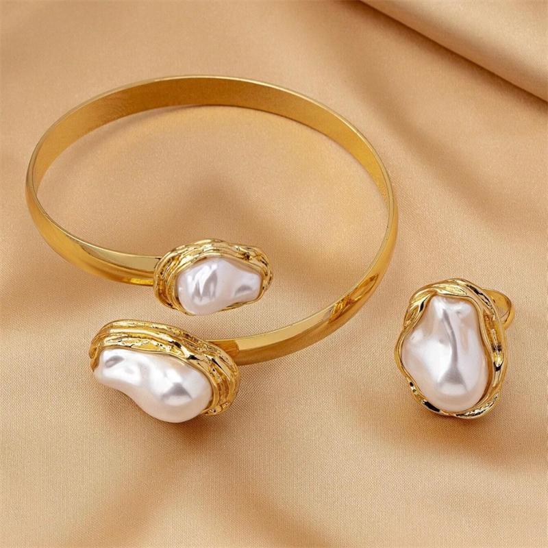Vintage Irregular Baroque Pearls Open Bangles Rings for Women Charm Gold Color Flower Thick Chunky Rings Jewelry Set Party Gifts