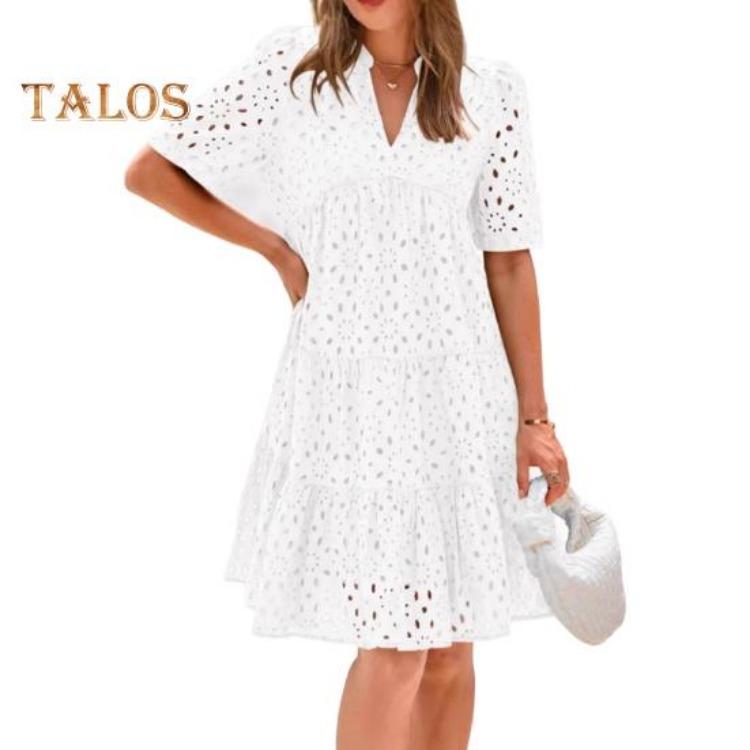 Casual Dresses - Summer Beach Casual Dress Women Hollow Out Eyelet V Neck Short Sleeve Midi Sundress Tiered Flowy A Line