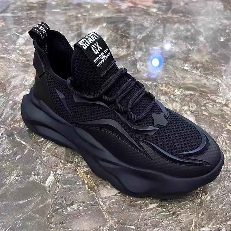 Autumn Men Pure Black Dad Sneakers Knit Mesh Breathable Height Increasing Casual Shoes