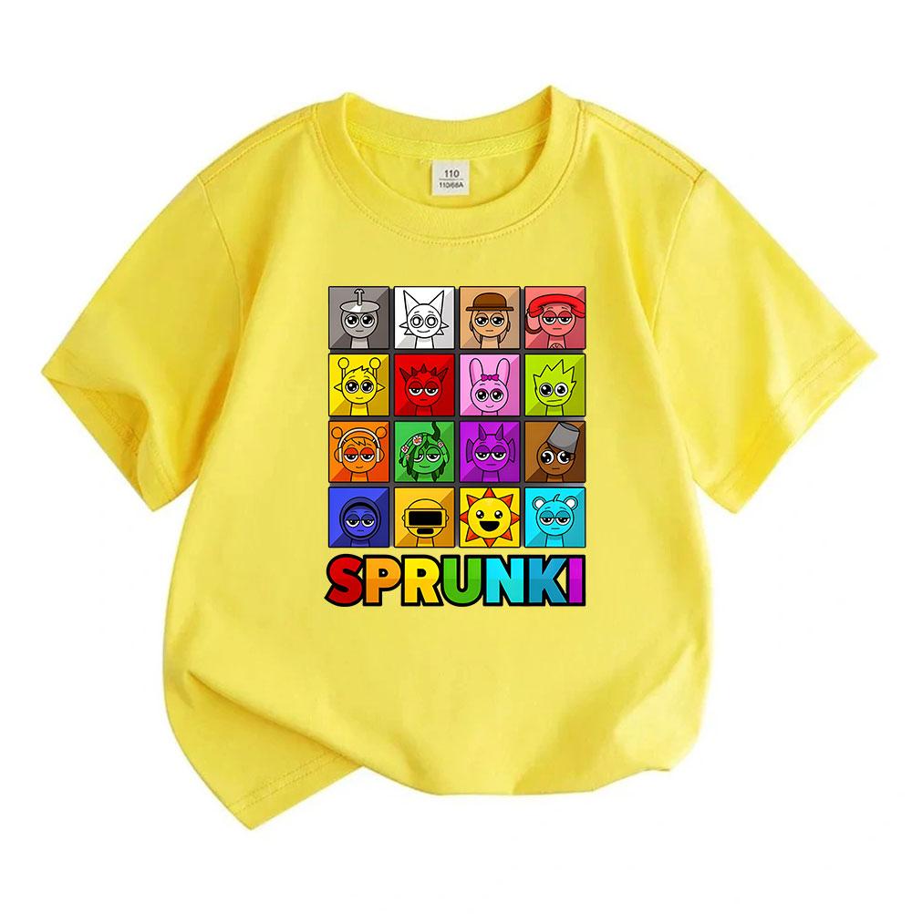 Kids Boys Girls 100% Cotton Short Sleeve O-Neck T-shirt Cute Sprunki Character Print Casual Soft Breathable Tee for Children Daily Wear Home School Gi