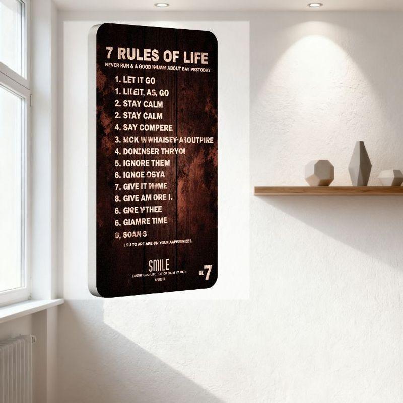7 Rules of Life Retro Wooden Texture Metal Tin Sign Vintage Distressed Plaque for Home Office Man Cave Decor with Misspelled Rul