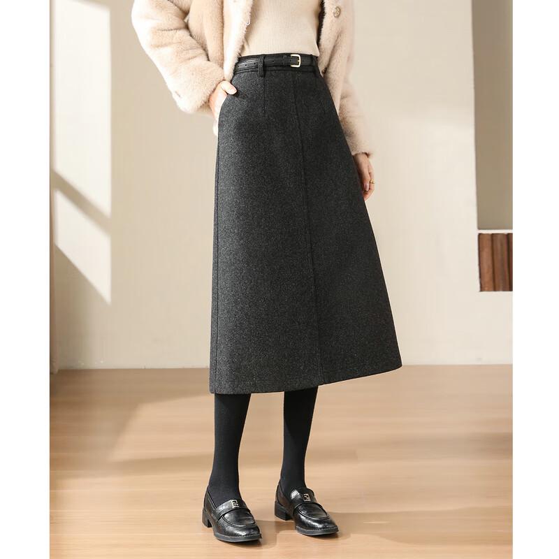 Women's Wool Blend High-Waist A-Line Midi Skirt with Back Slit