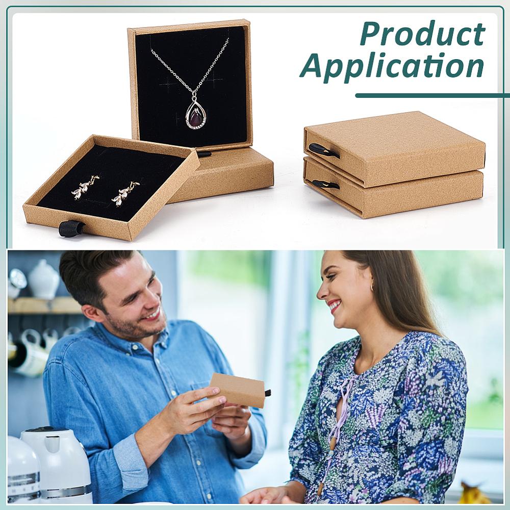 Cardboard Jewelry Set Storage Drawer Boxes, Jewelry Organizer Cases for Bracelets & Necklaces, Square, BurlyWood, 8x8.05x1.85cm