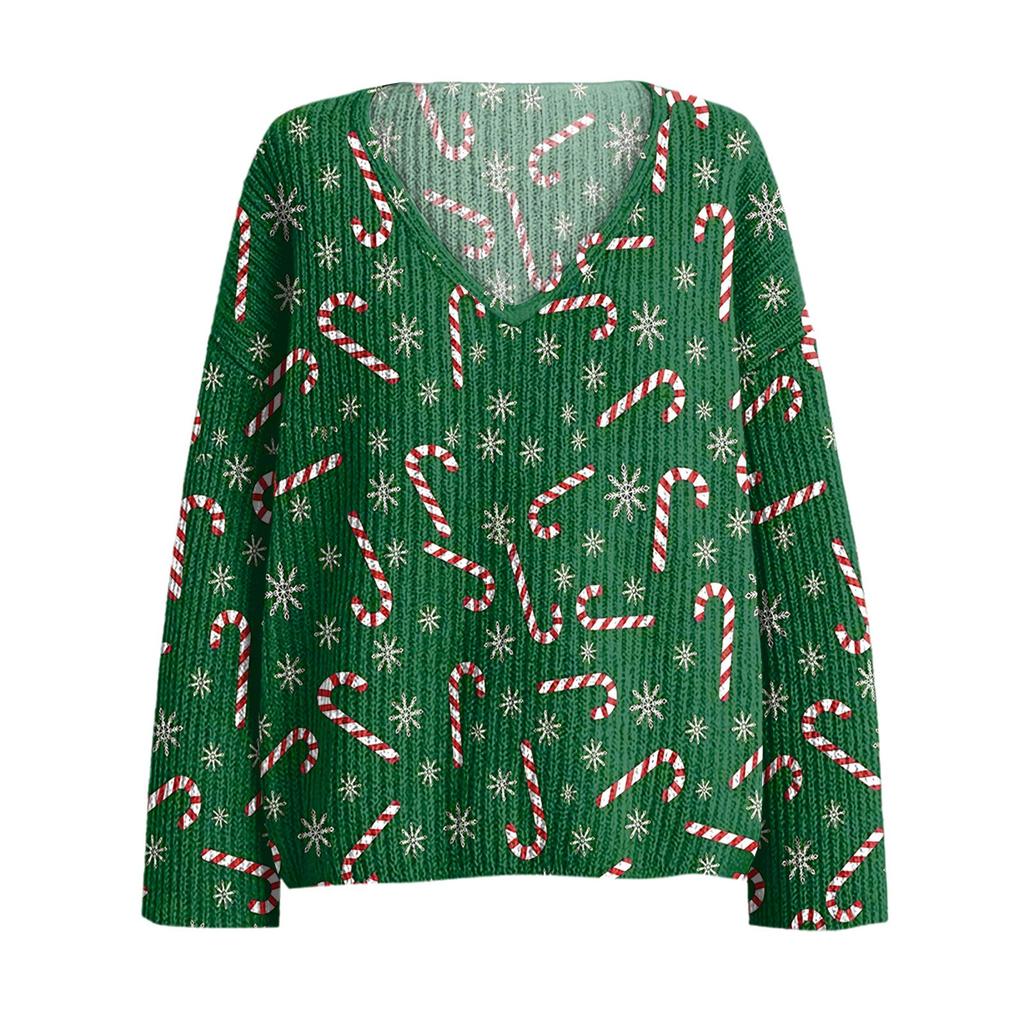 Women's Casual V-Neck Long Sleeve Knitted Christmas Print Pullover