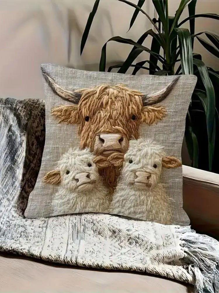 Vikama Gestickte Gestickte Hochlandkuh Kissenbezug Für Wohnzimmer, Sofa, Büro Kissenbezug, Heimdekoration