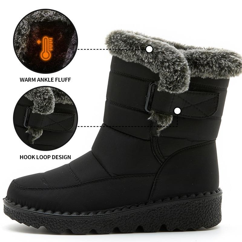 New Faux Rabbit Fur Lined High-Cut Women's Snow Boots, Velcro Waterproof Casual Winter Shoes
