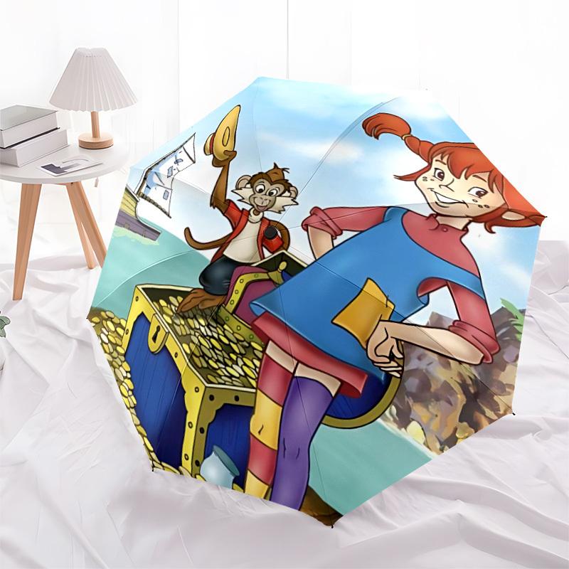 1pc Pippi Longstocking Automatic Folding Umbrella - Compact 8-Rib Design, Durable Plastic & Iron, Daily Use Z1230054