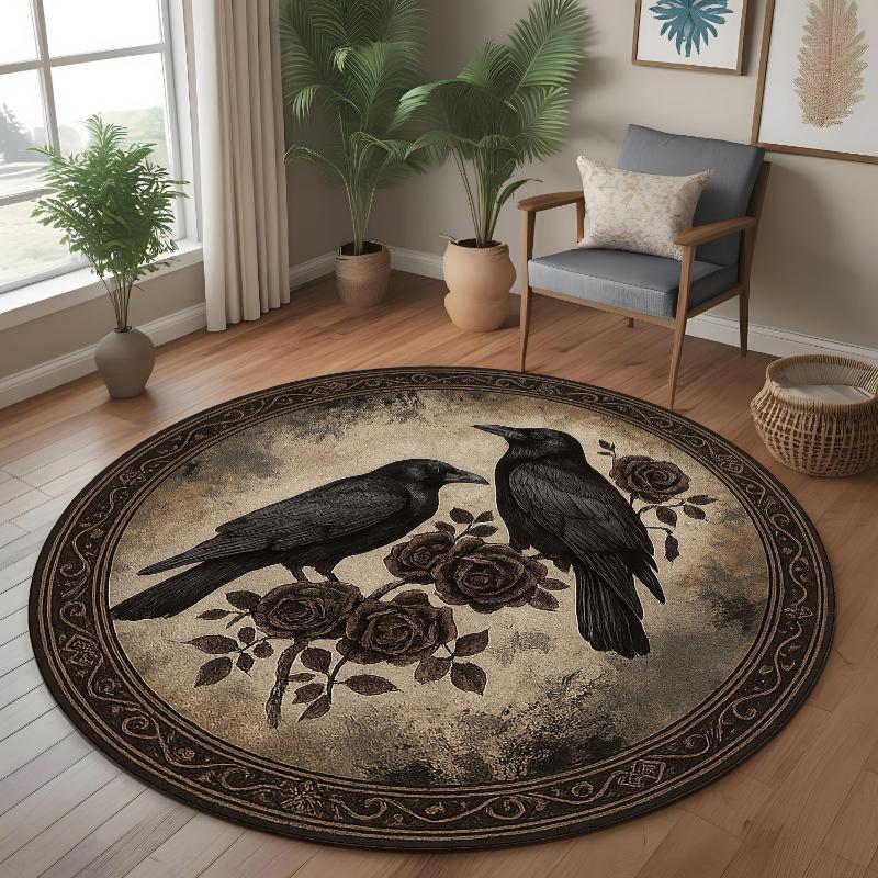 Gothic Raven Crystal Ball Crimson Rose Occult Graphics Circle Rug,Living Room Sofa Chair,Hallway,Bedroom Indoor Decor Rug Gift
