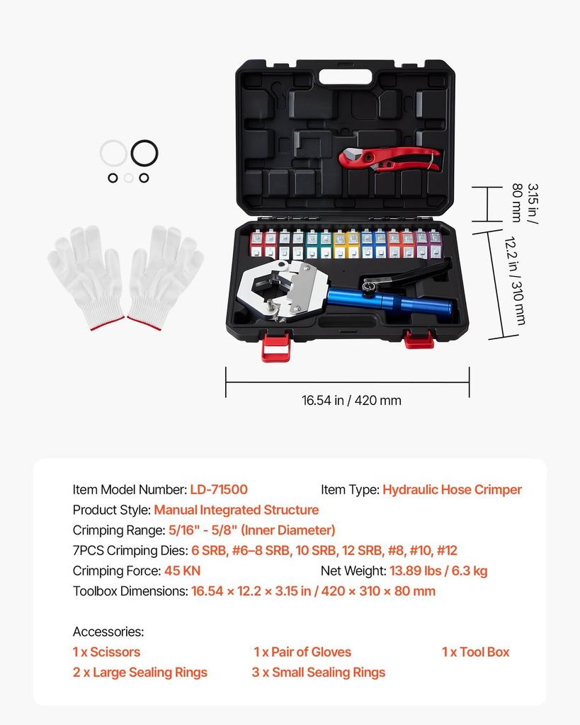 Hydraulische Slangkrimper, Hydra-Krimp AC Slangkrimper Kit met 7 Matrijzen Snap-On, Geïntegreerd Handmatig Hydraulisch A/C Slangen Krimpgereedschap voor Automotive & Air