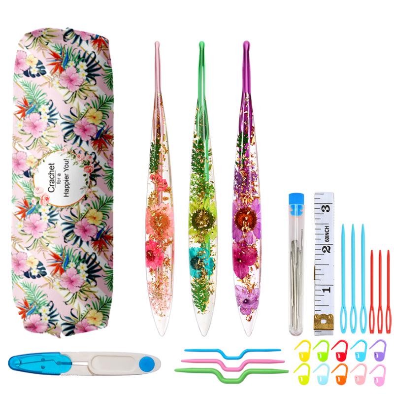 Set of 9 Colored Anodized Aluminum Crochet Hooks with Creative Resin Handles and Exquisite Flower Design