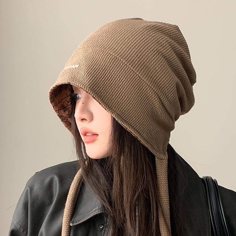 Double-sided can be worn, autumn and winter hats, women's headgear hats, big head circumference showing face, small pile hats, warm knitted cold hats