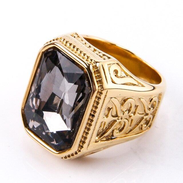 Luxury Square Big Stone Engagement Ring Men Stainless Steel Punk Skeleton Gothic Black Wedding Rings