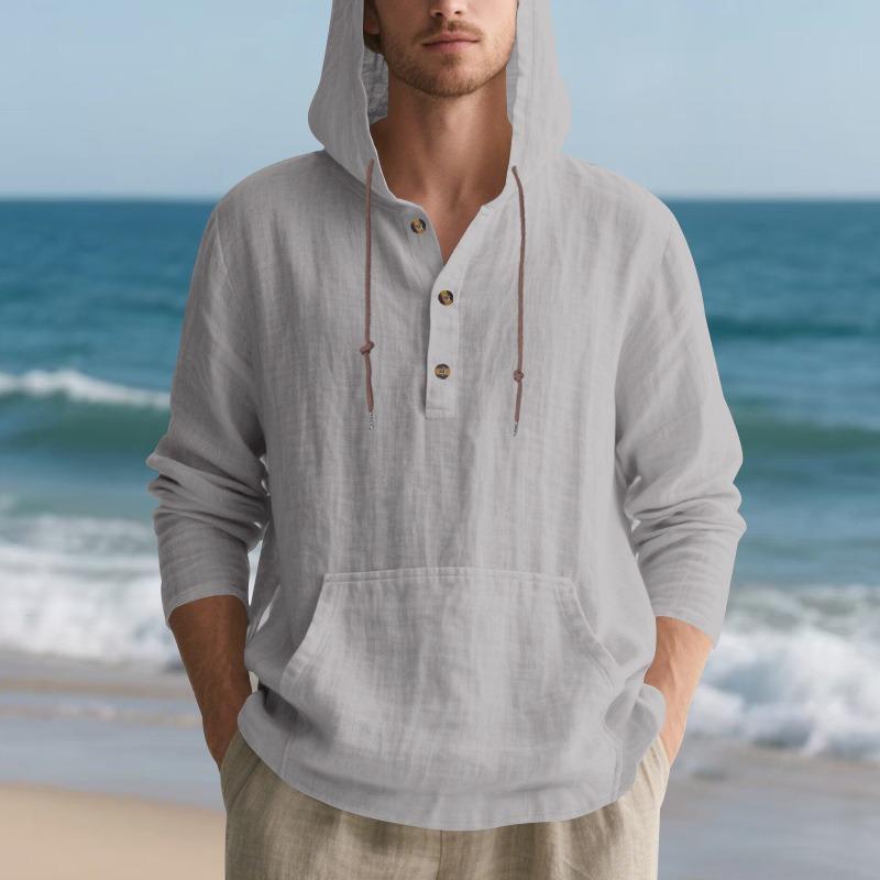 Men's Loose Hooded Henley Long Sleeve Casual Shirt.
