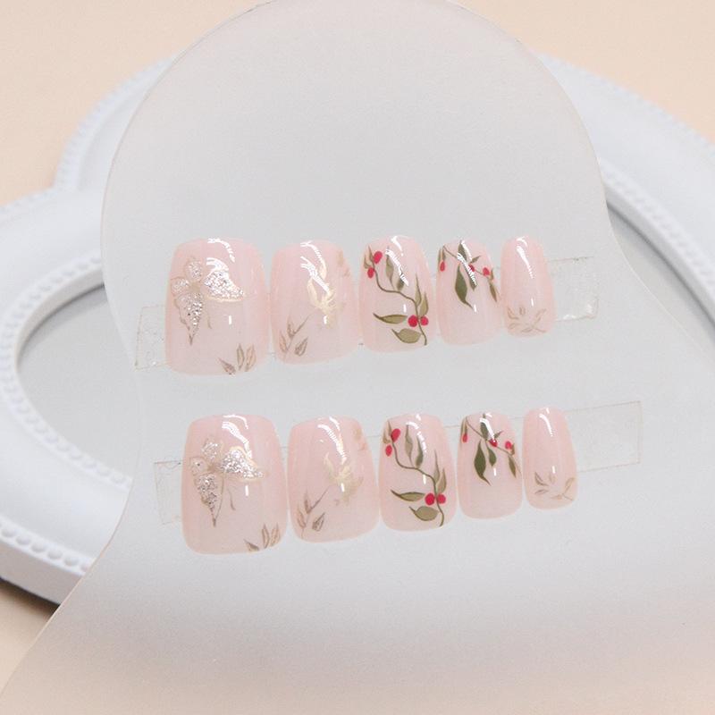24 Pieces National Style Acacia Red Bean Wearing Nail Art Film Nail Film Short Fresh Fake Nail Ballet Nail Small Nail
