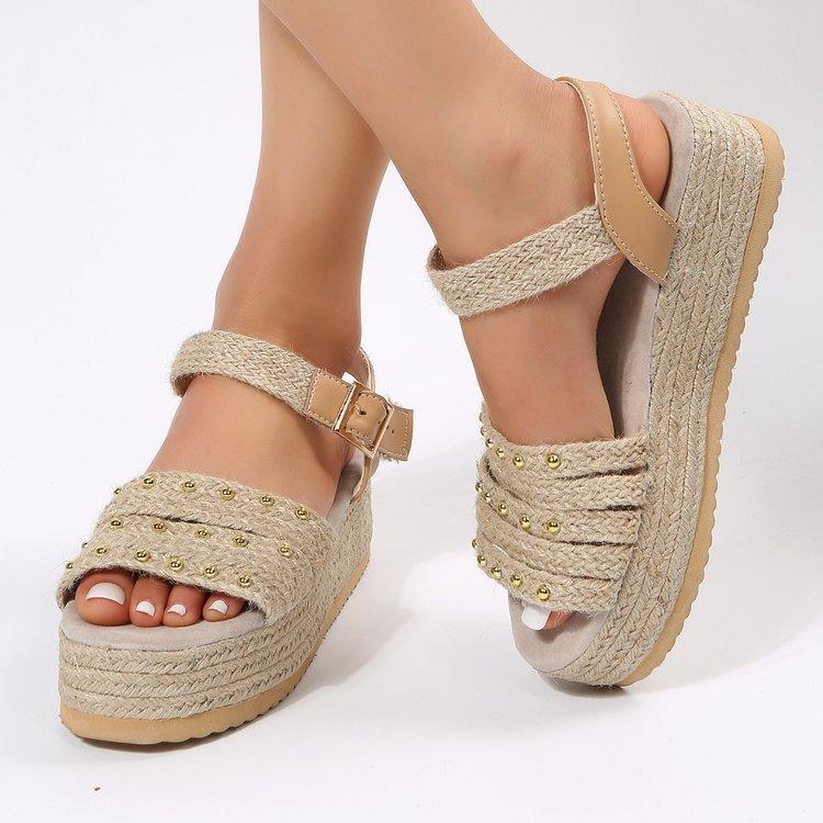 

New women s sandals simple casual metal buckle thick-soled hemp rope woven sandals 43