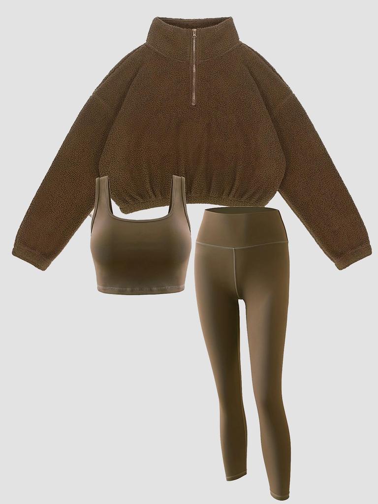 European & American Autumn/Winter Women's Fleece Three-Piece Set: High-Neck Half-Zip Sweatshirt, Vest, and Long Pants for Fitness.