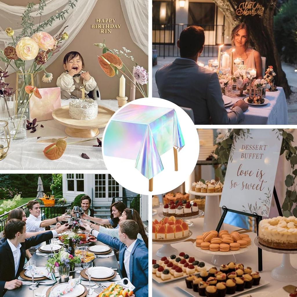 MUSSIN 3 Pack Iridescent Plastic Tablecloths, Shiny Rectangle Disposable Table Covers Iridescent Party Decoration 54" x 108"