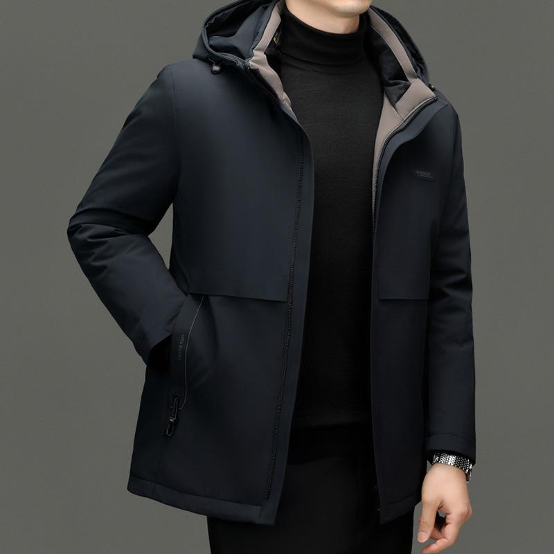 Herrenmilchseide Daunenjacke mit Kapuze Verdickt Papa Jacke Mittellange und Lange Daunenjacke Abnehmbare Innenjacke