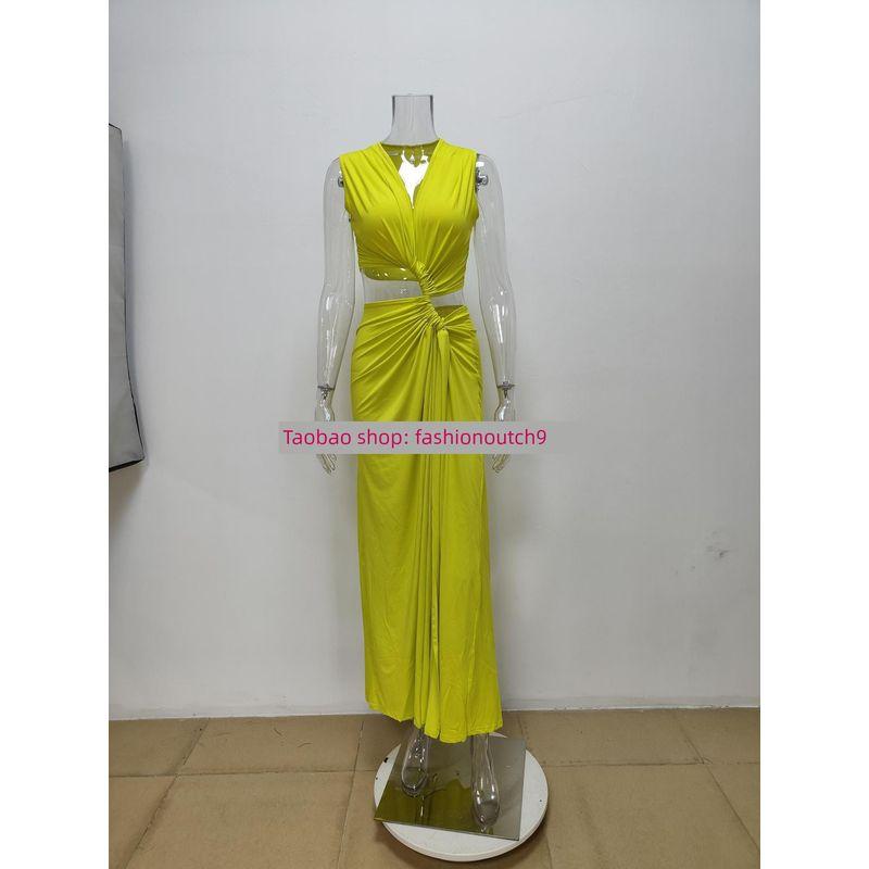 

2025 Платье с полым разрезом, V-образным вырезом, плиссировкой и асимметричным подолом Green 3XL