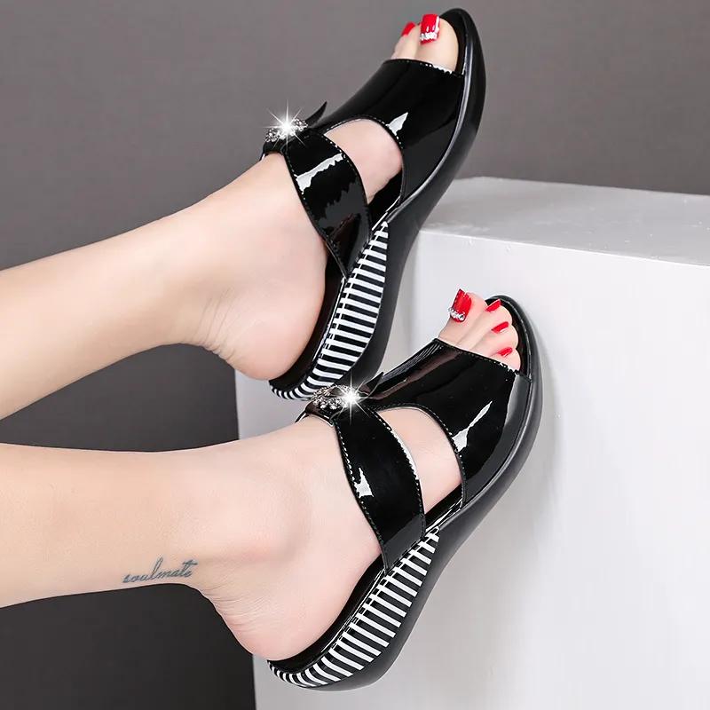 Fashion GKTINOO Women Slipper's 2024 Ladies Summer Slippers Shoes Women Wedges Genuine Leather Fashion Summer Shoes For Mom Flip Flops